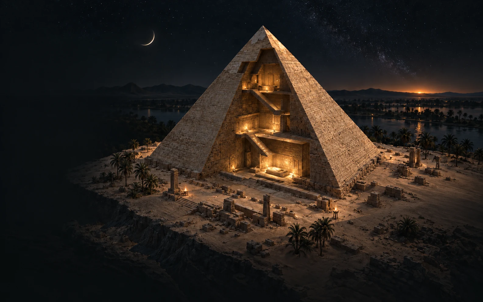 A cutaway view of the UNAS pyramid at night, three lit chambers visible inside its stone core, palms and ruins at its base.
